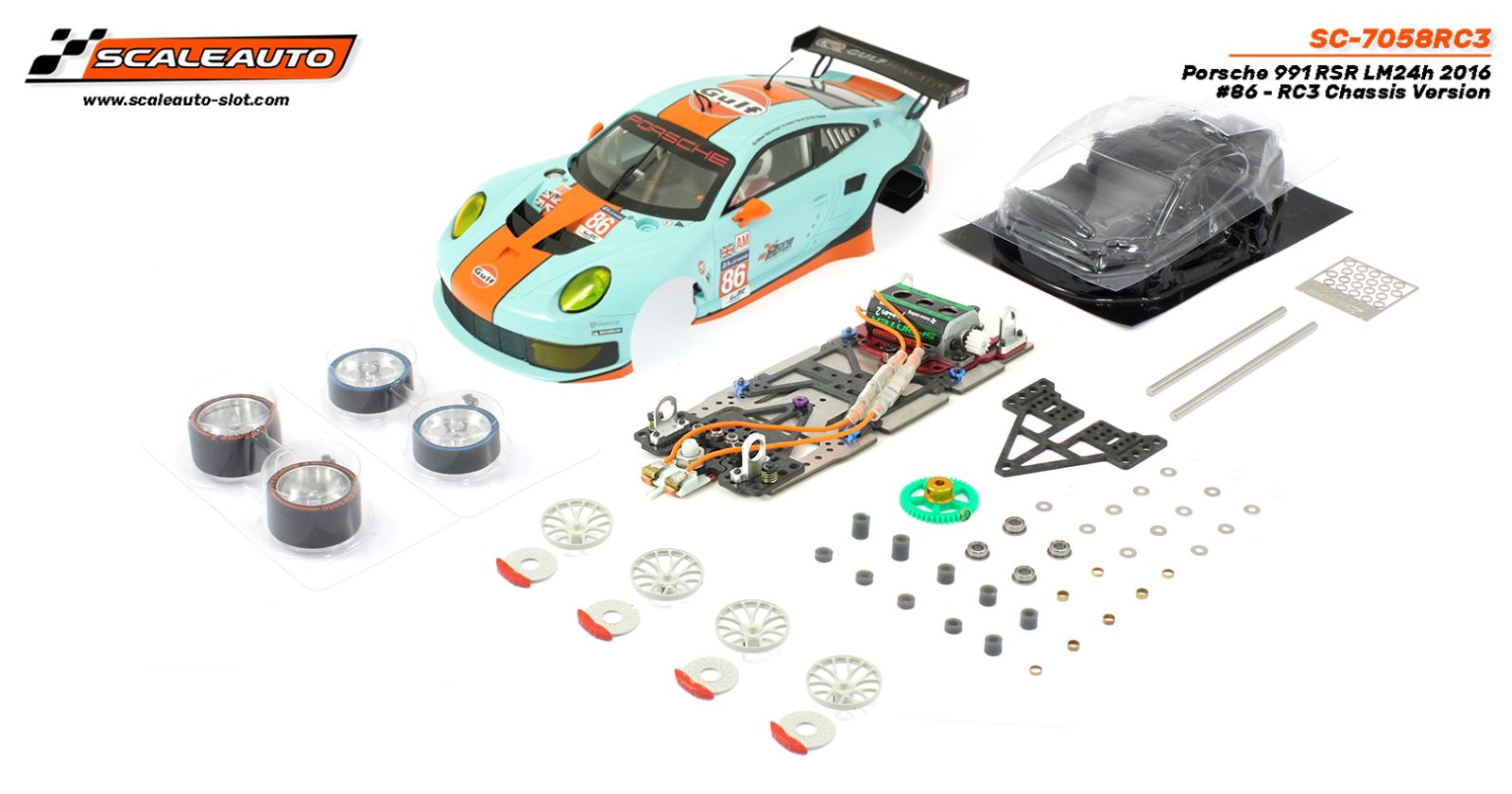 SC7058RC3 SCALEAUTO PORSCHE 991 RSR GULF #86 PAINTED RACING KIT RC3 CHASSIS 1:24 SCALE SLOT CAR