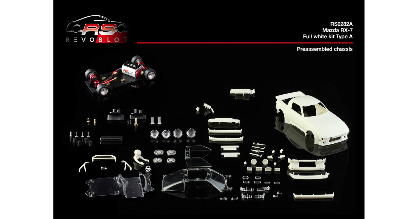 RS0282A REVO MAZDA RX7 COMPLETE WHITE KIT TYPE A 1:32 SLOT CAR